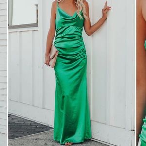 NWT Vici “Take Care Satin Cowl Neck Maxi Dress” in green
